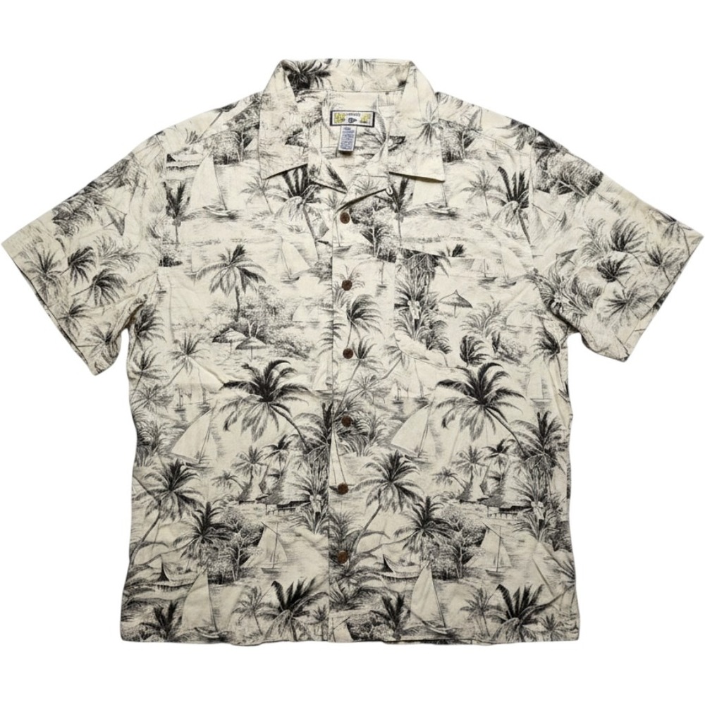 Caribbean Joe Mens Large Tropical Palm Tree Sailboat Toile Camp Shirt Cream Blck